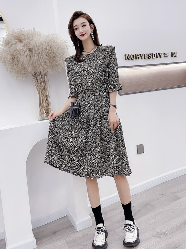 フローラルFlowerデザイン ドレス スプリングスタイル薄手ウェストスカート 大きめサイズ 春物 花柄 フラワーデザイン ミックスインファッション44613601538