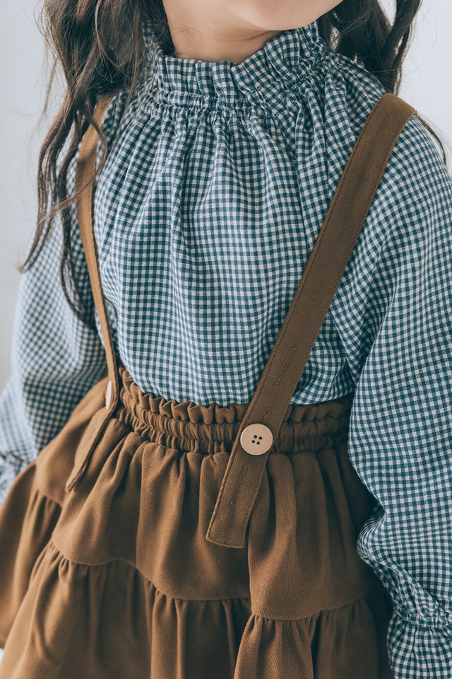 シャーリングフリルネックブラウス<Navy check>