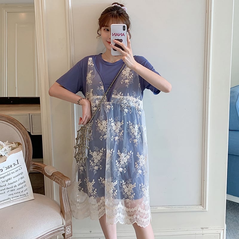 【新作】【送料無料】 マタニティウェア2020夏の新しいファッションメッシュミドル丈サスペンダースカート+ Tシャツ、年齢を減らしたツーピースセット妊婦-アリババ サマー 夏物 expec253448313721