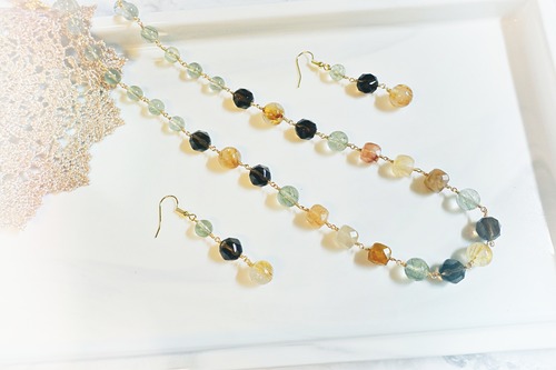 《Abundance ルチルクォーツ》マルチカラールチル＆スモーキークオーツ  ネックレス＆ピアスセット
