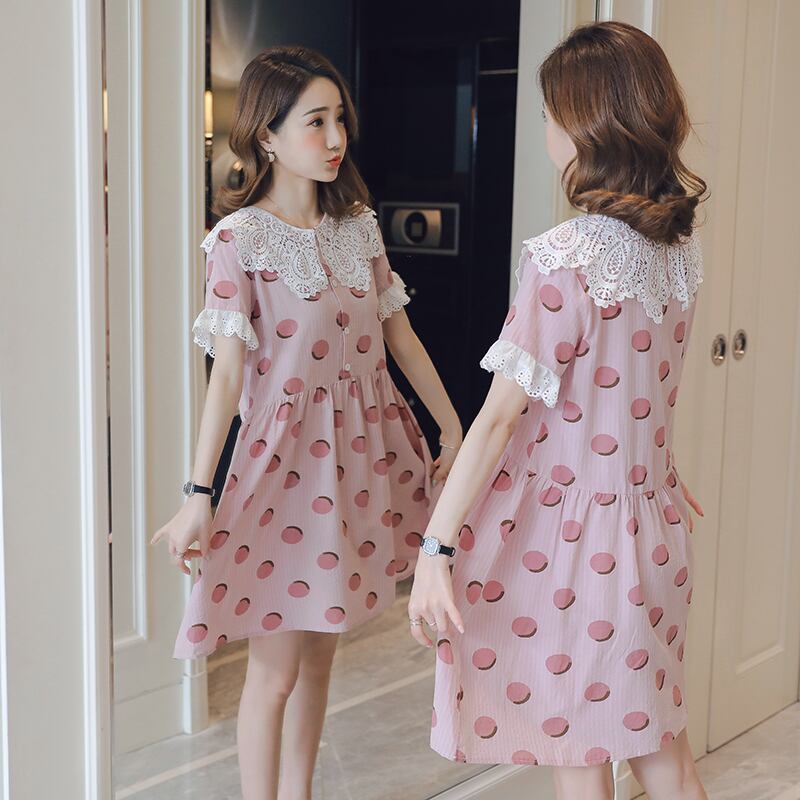 【新作】【送料無料】 妊娠中の女性のドレス新しい夏のベビーカラーマタニティファッションウェーブポイントミドルレングスマタニティドレス サマー 夏物 AL expec336644615872