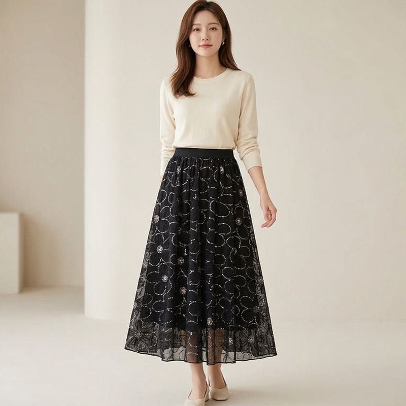 花柄スパンコールAライン スカート L1161