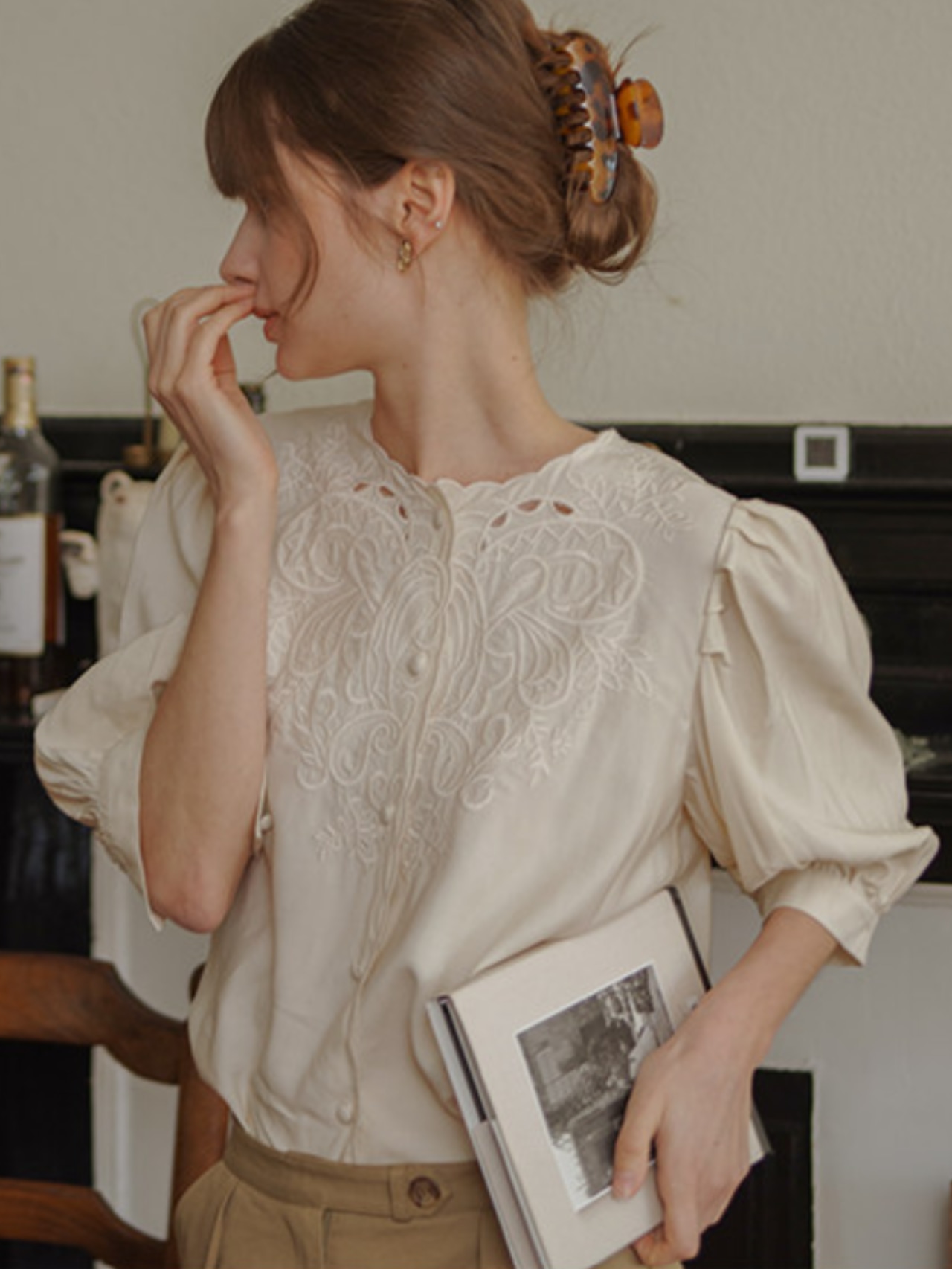 Marie Embroidery Puff Sleeve Blouse F0716