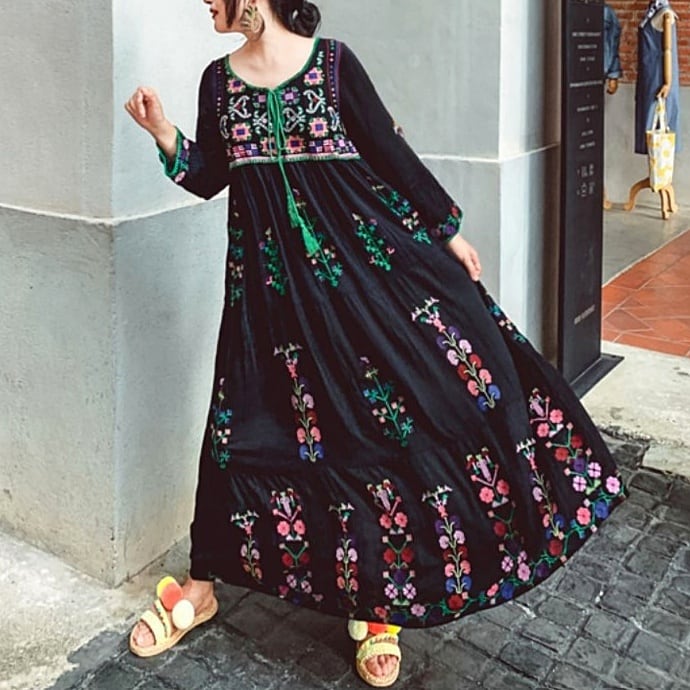 希少⭐︎コーヒー豆柄ヴィンテージ刺繍ワンピース セール】刺繍レース使い ウエストマーク 花柄ワンピース（ワンピース