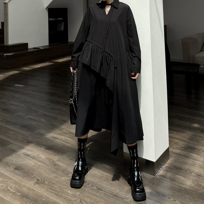 アシンメトリーフリルポロ襟ドレス ON0756