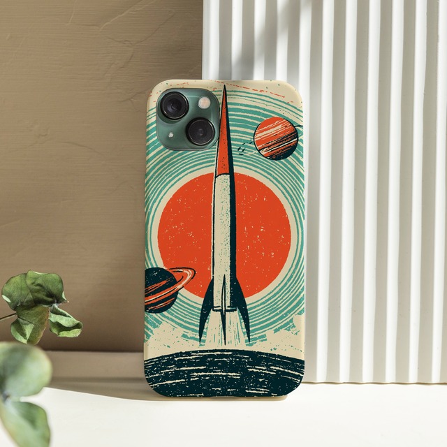 受注生産 iPhoneケース 赤い太陽とロケットの宇宙柄｜レトロ宇宙 RFSP043A