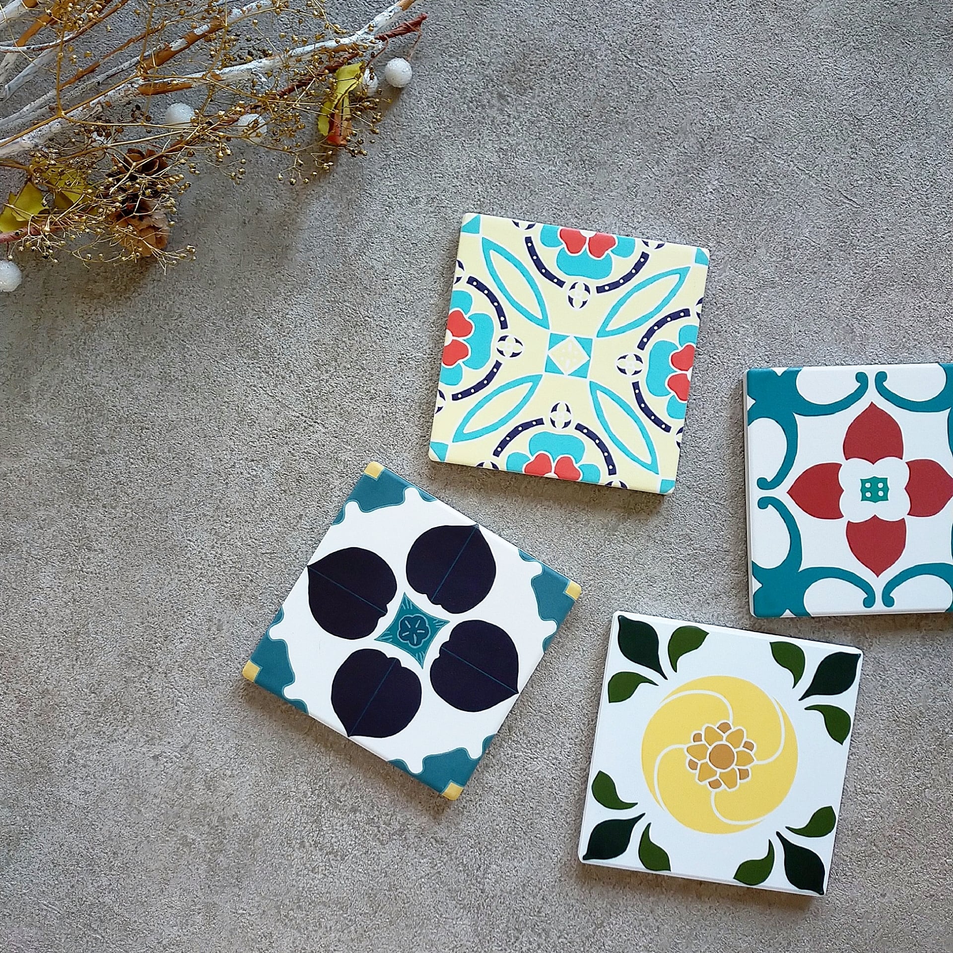 大正〜昭和初期　マジョリカタイル製ガラスコースター アンティーク雑貨 大正〜昭和初期 ガラス金属製コースター マジョリカ