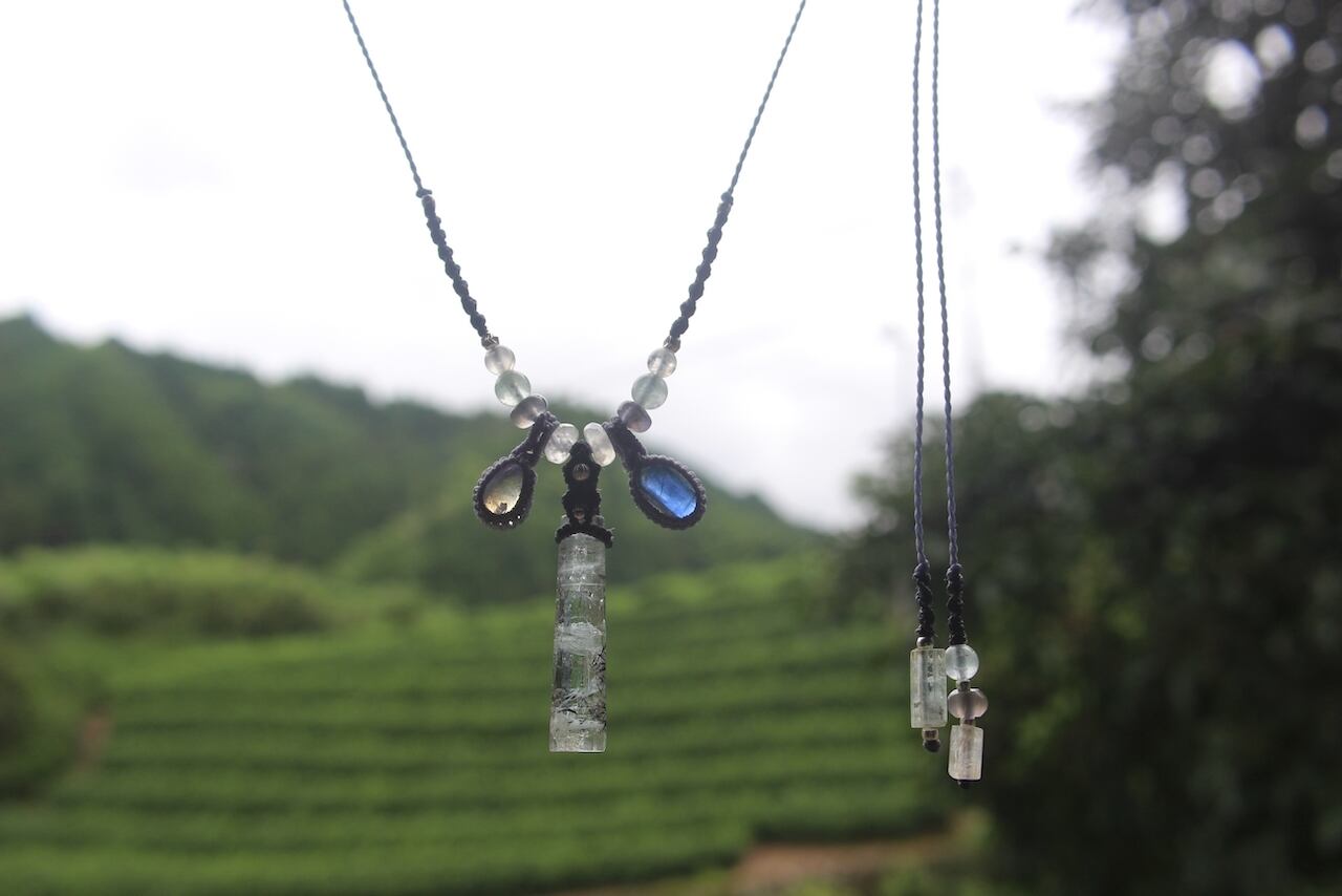 Aqua marine & Rainbow moonstone & Kyanite micro macrame necklace