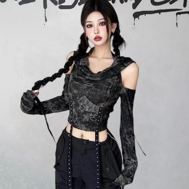 Y2Kファッション 長袖 Tシャツ オープンショルダー
