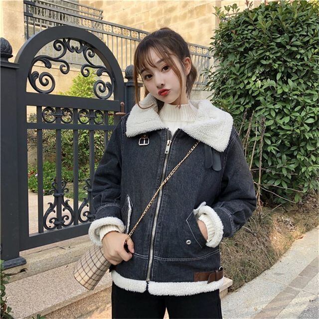 【予約販売】デニムライダースジャケット レディース ショート丈 ボア ムスタン ブラック カジュアル 秋冬 アウター おしゃれ こなれ感 韓国 大きいサイズ S/M/L/XL/2XL/3XL