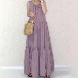 ワンピース レディース 送料無料 ティアードワンピース ロング丈 マキシ丈 ノースリーブ Uネック フレア プリーツ バックリボン かわいい 大人可愛い きれいめ シンプル カジュアル 上品 おしゃれ 大人女子 こなれ感 ラフ ラブリー キュート ガーリー セクシー エレガント 抜け感 フリーサイズ 大きめ ゆったり ゆる 黒 ブラック 紫 パープル くすみカラー 無地 春 夏 10代 20代 30代 ママ デート お出かけ お泊まり 休日 リゾート 旅行 海 プール 普段使い 楽ちん 体系カバー 定番