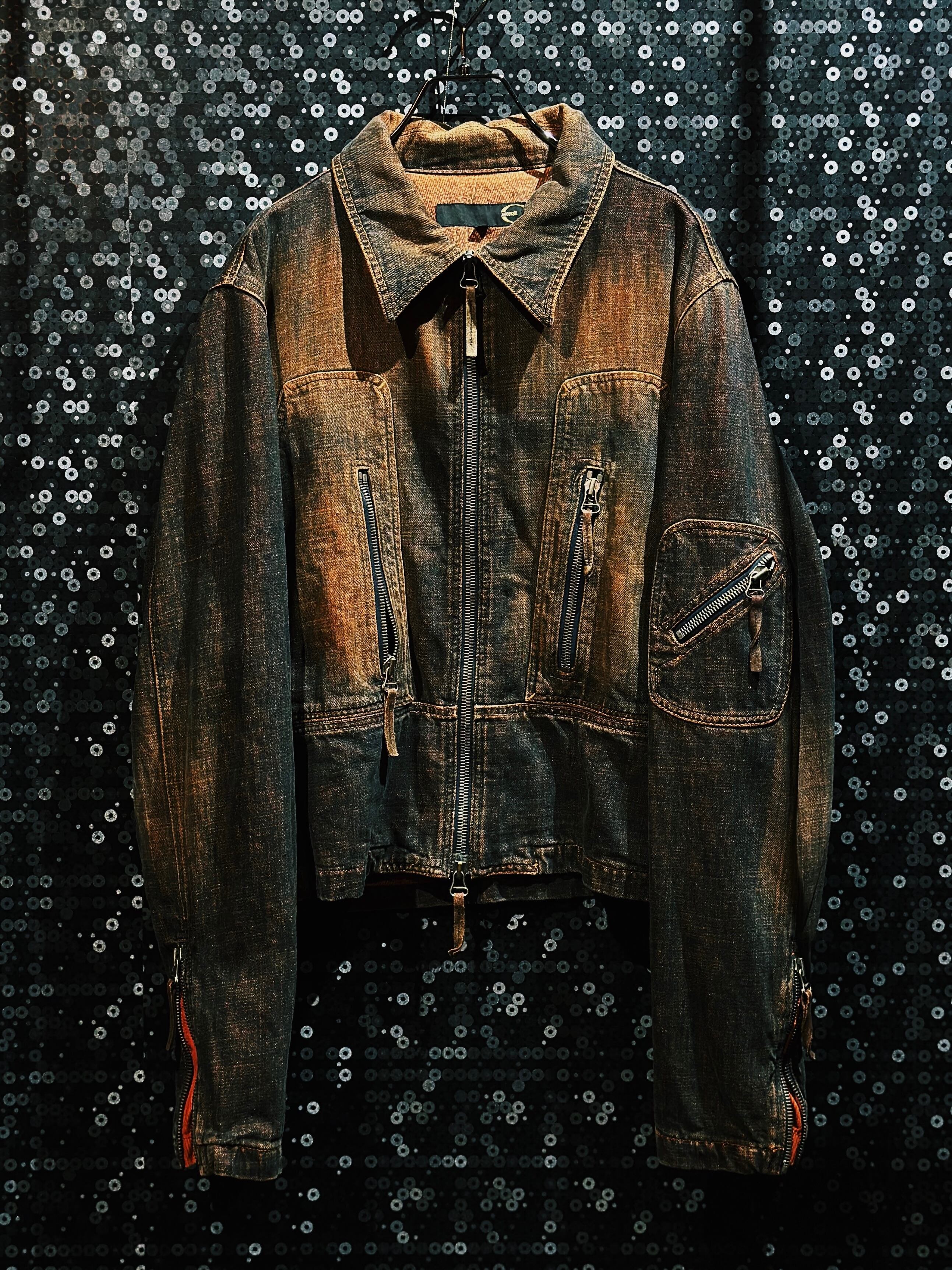 【ÆIEM】vintage gradation dyed degeneration design double zip denim jacket