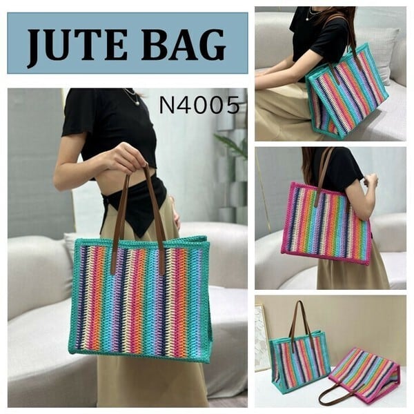 【N4005】カラフルストライプジュートバック ショルダーバッグ 大容量 トートバッグ カジュアル おしゃれ お出かけ
