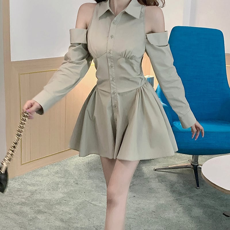 きれいめコーデに役立つ♪ オープンショルダー シャツワンピース オフ