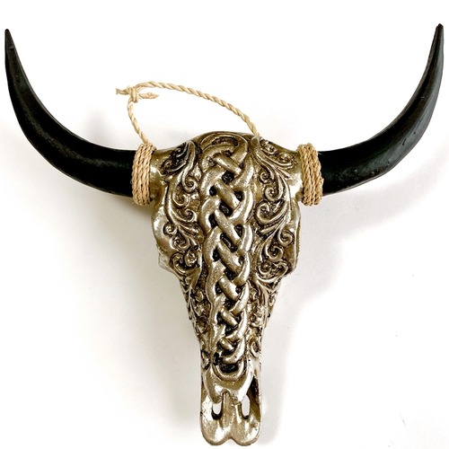 ネイティブアメリカン カウスカル オブジェ牛 骸骨 オブジェ(シルバー×編込み)【バリ直輸入】