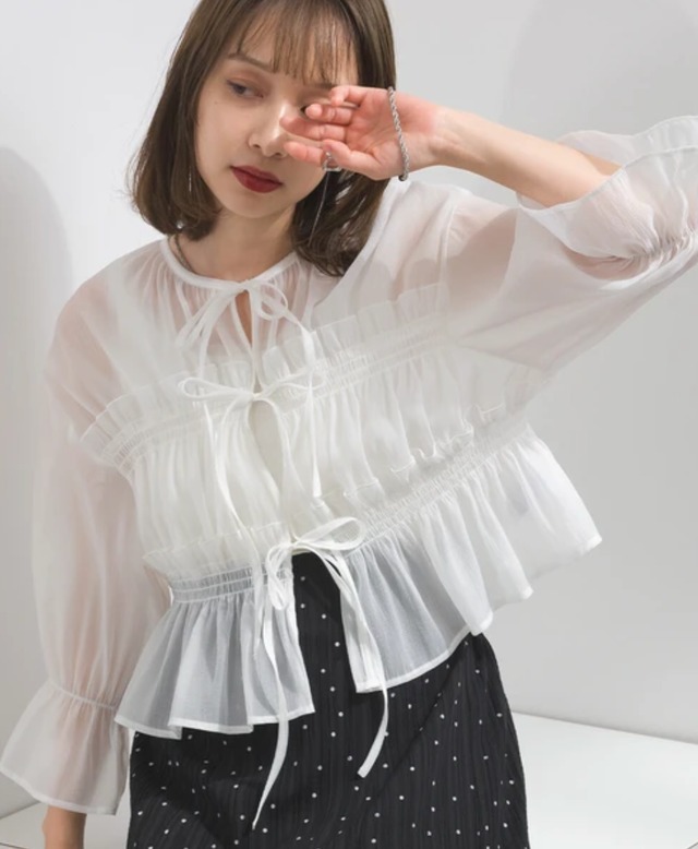 ナンバーミーTOKYO" SHEER FRONT RIBON SHIRTS"WHITE