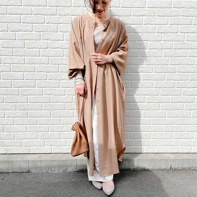 Day S 袖リブニット襟なしロングシャツワンピース Shuchica Day S 袖リブニット襟なしロングシャツワンピース Shuchica