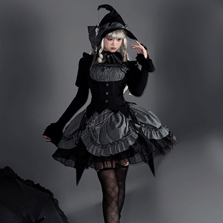 【予約商品】ゴスロリ ワンピース ALICE GIRL ストライプ柄 ダークファッション 魔女風 闇かわいい イベント衣装 コスプレ