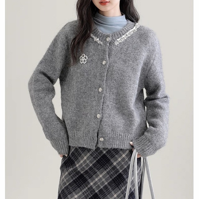 ビジューライン バイカラーニットカーディガン　W00345