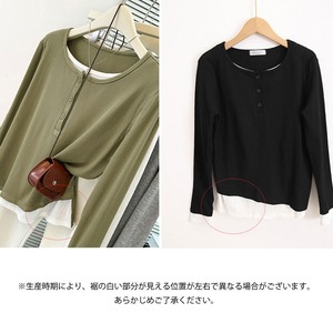 リブ カットソー レディース 秋冬 春 韓国 ヘンリーネック 長袖 バイカラー レイヤード風 重ね着風 前ボタン 伸縮性 細見え 着やせ すっきりシルエット ロンT 大人 カジュアル ストリート 通勤 通学 お出かけ 着回し [LW-CGT008]