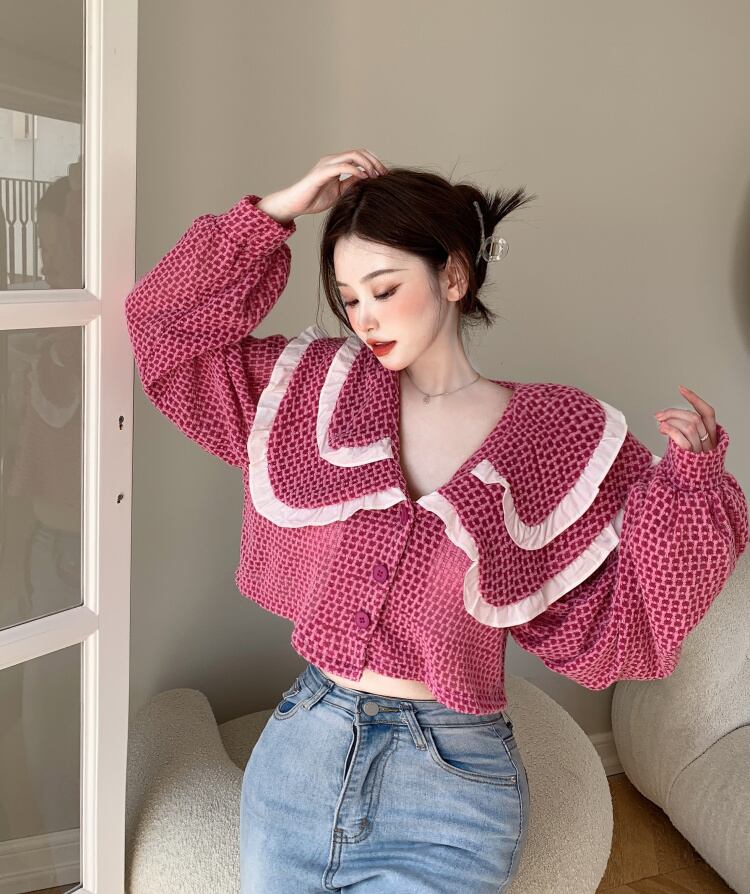 カラーホワイト格子柄ルーズスリーブジャケット ショートシャツ オータム ロング 秋物 YY-ファッション49850934120