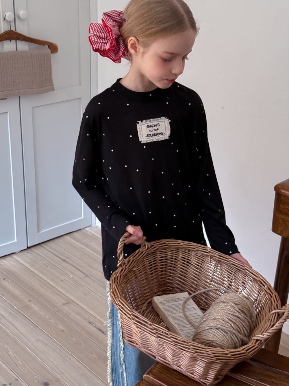 2colorフリンジタグドット薄手トップス