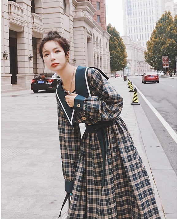 送料無料】レディース セーラーワンピース チェック柄 ロング