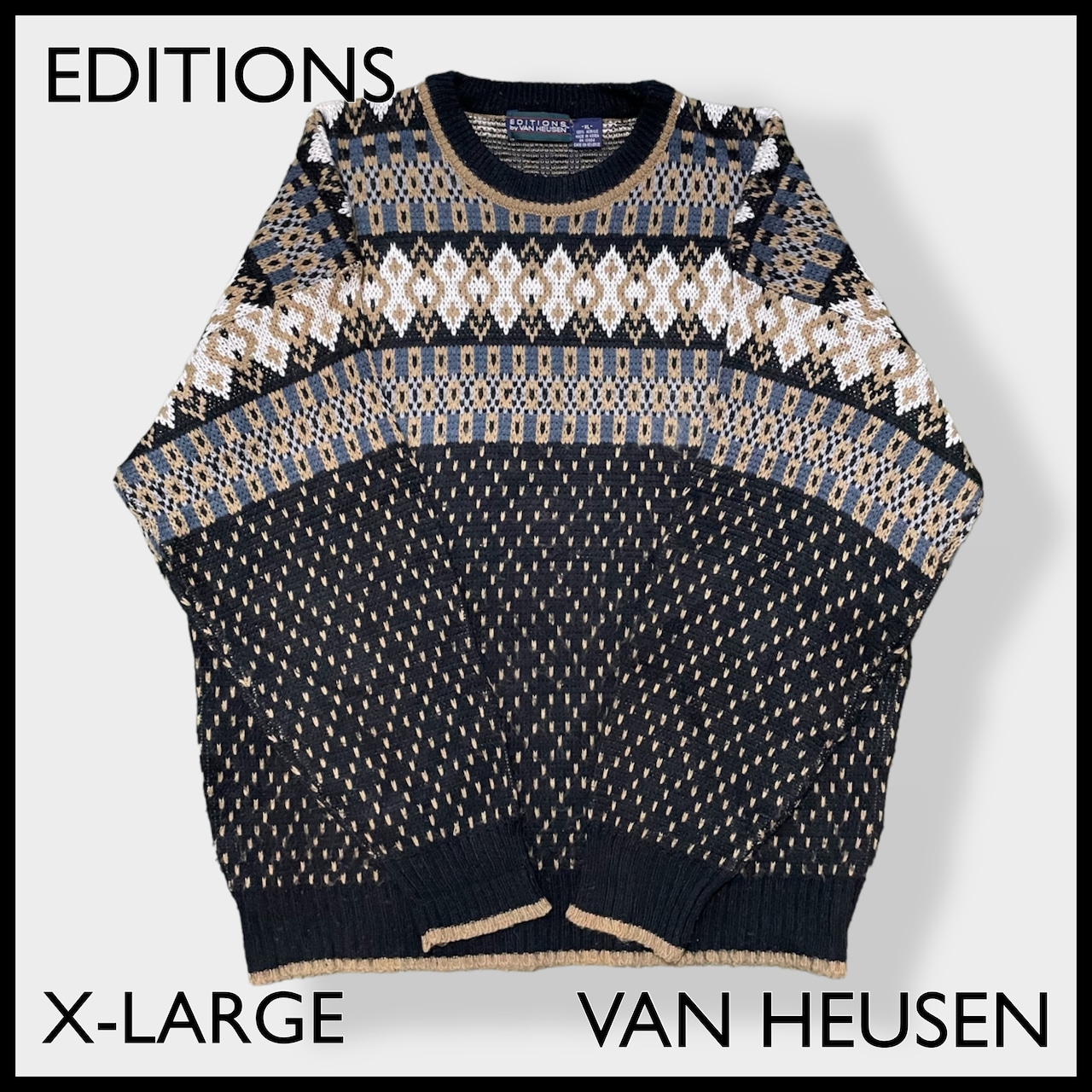 【EDITIONS by VAN HEUSEN】韓国製 柄ニット セーター ニット 総柄 柄物 XL ビッグサイズ アクリル ヴァンヒューゼン US古着