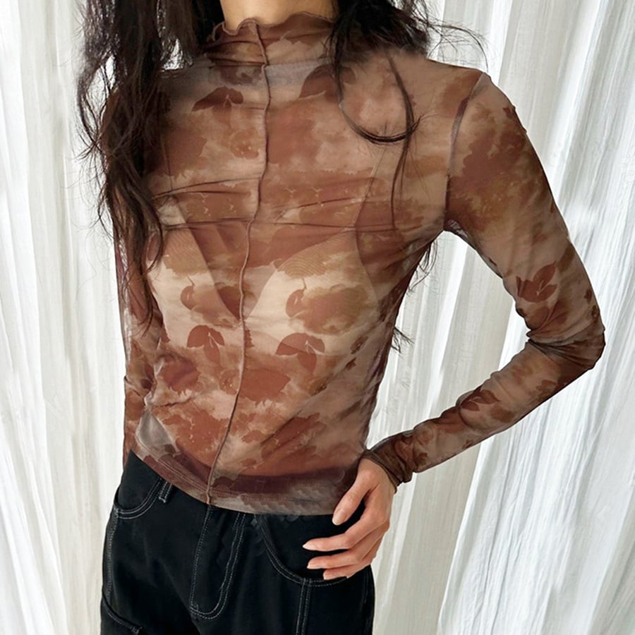 Y-3559 新作♡リーフ柄メロウ切り替えシアートップス ブラウン 0119  