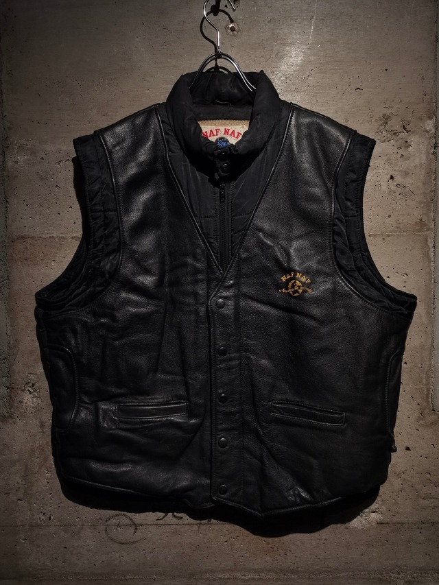 【Caka】"NAF NAF" Leather × Nylon Switching Design Vintage Loose Padded Vest