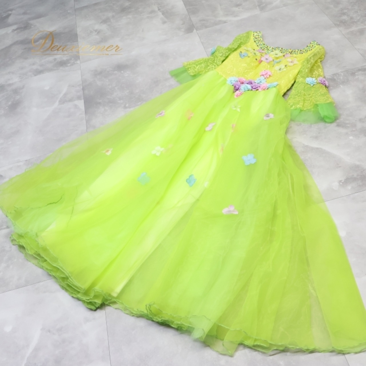 パーティドレス ワンピース ドレス グリーン系 イエロー系 ドニャヴィストーサ Da Vistosa 黄緑 黄色 花柄 レース 発表会 演奏会 パーティ ダンス ロングドレス 大人用ドレス カラフル パーティー用 コスチューム