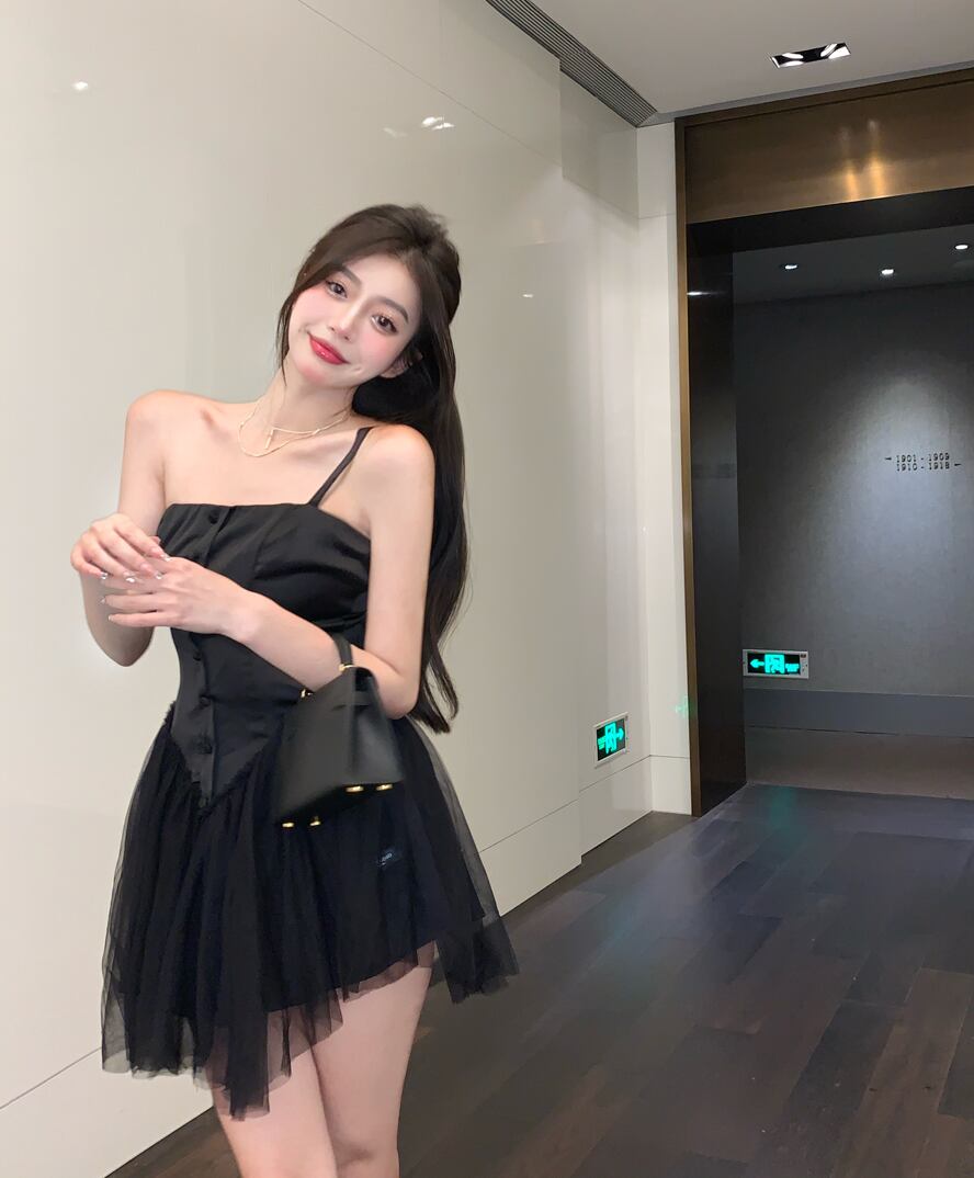 ブラックドレス サマーウェストスリムスカート ふわふわ 夏物 ブラックストロベリース92352873858