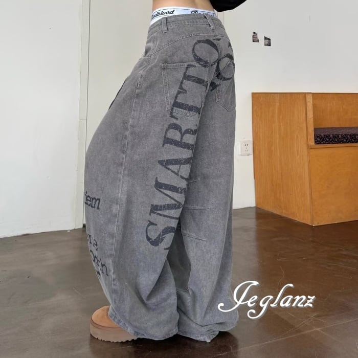 デニム ジーンズ ロゴ ペイント ストレート カジュアル パンツ(MB840)ζ