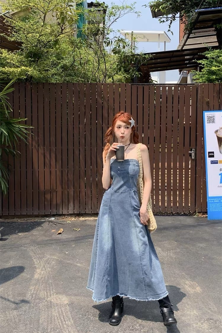 チューブトップ デニムフレアワンピース G104CON0098 | liberal style