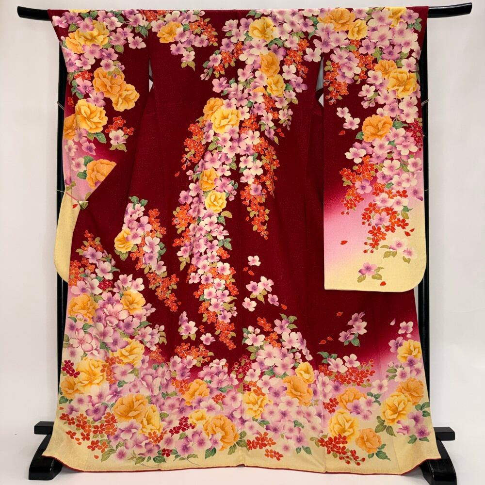 振袖 中古 赤 正絹 古典 裄69.5cm 身丈173cm 美品 L サイズ 成人式 6189