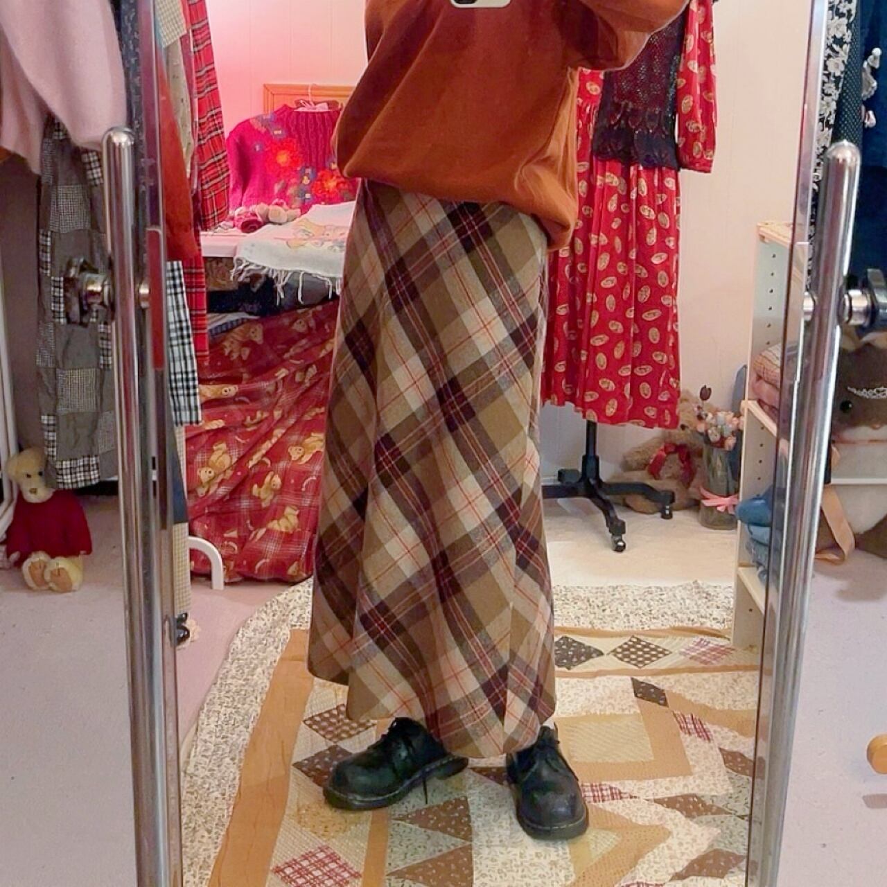 orange check wool long skirt