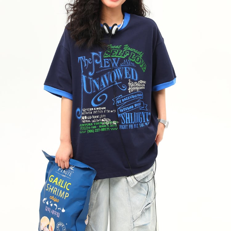 ドロップショルダー ゆったりサイズ プリント Tシャツ ◆2col L60075
