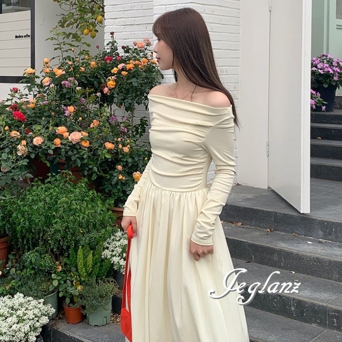 2色 マキシ丈 ワンピース ドレス オフショル ロングスリーブ(M6199)γα