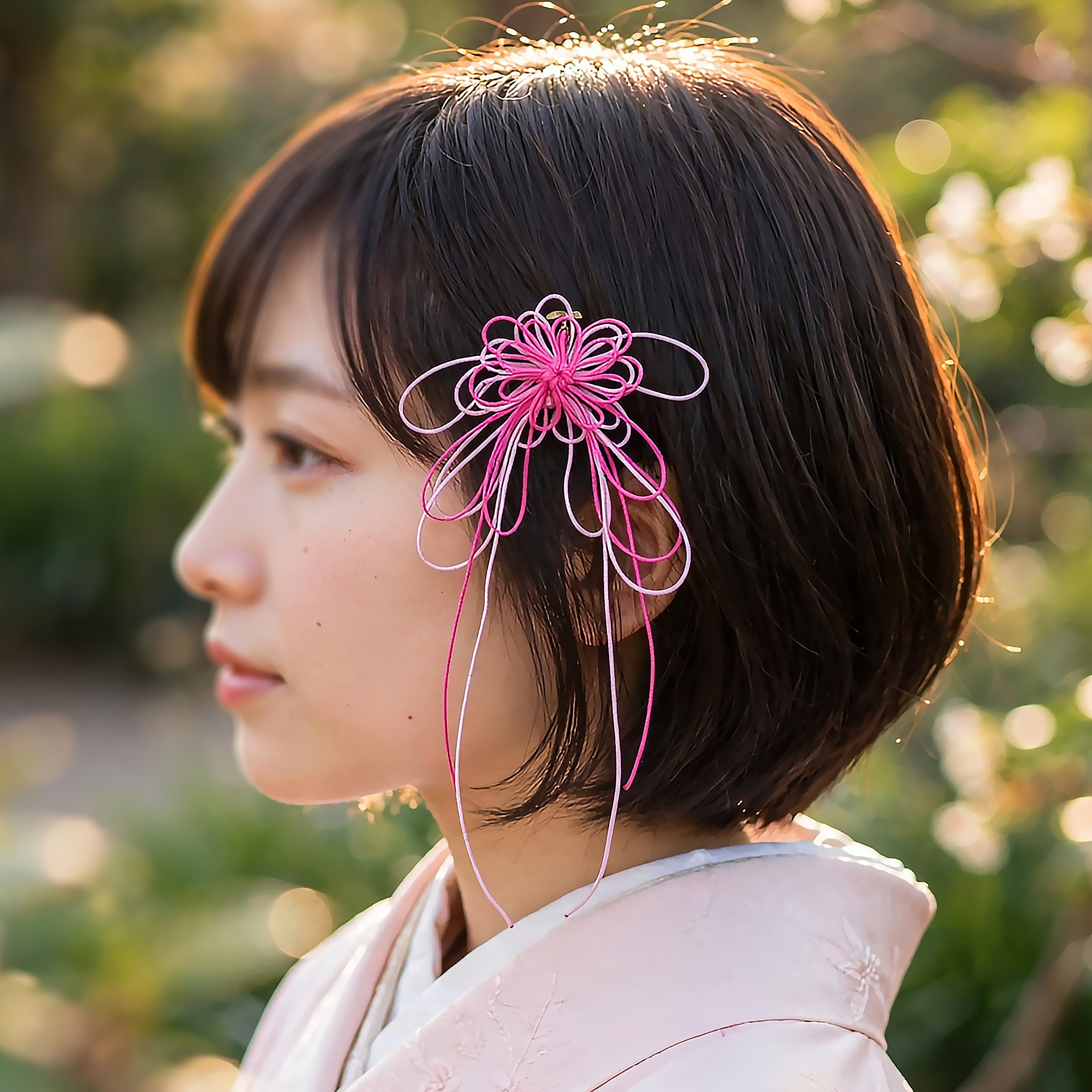 飾り結びヘアピン「明り、ほのや」(濃ピンク×淡ピンク)【軽量快適】ショートヘアも簡単和風アレンジ。