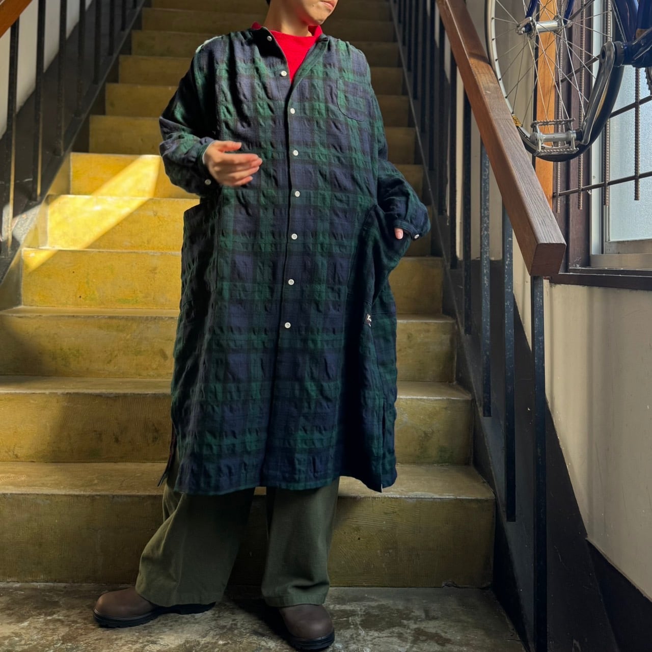 快晴堂 タータンチェックコートワンピース 快晴堂 - タータンフォーエバー／Wideスタンド衿＆ギャザーワンピース