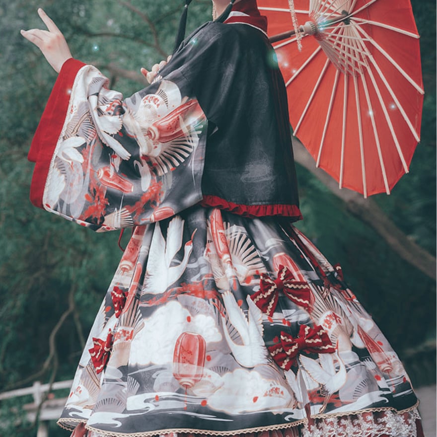 即納 黒Sサイズ】和ロリ 鶴と扇の和柄 ロリータ 着物風 JSK+羽織 豪華