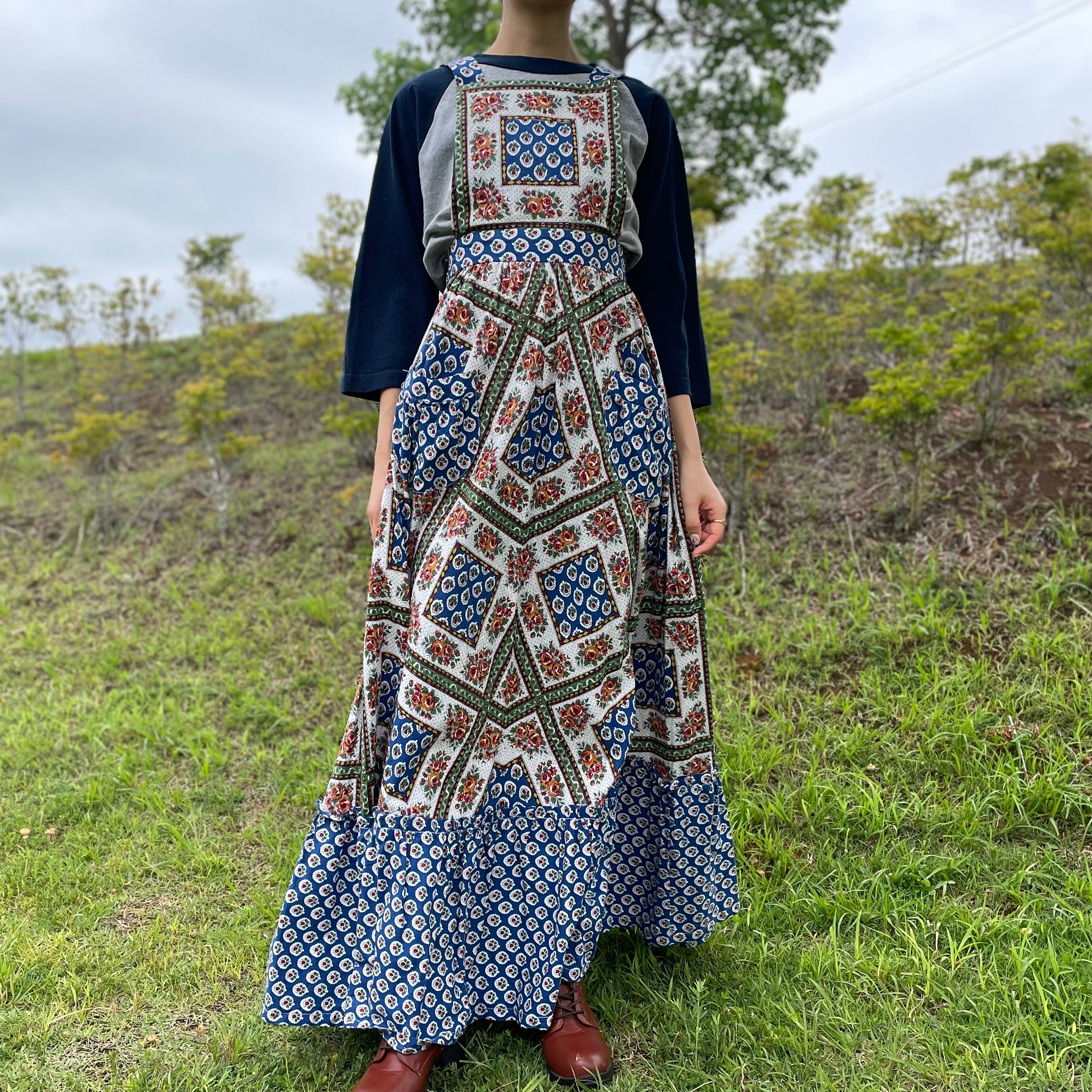 70s vintage apron dress ワンピース 古着 ヴィンテージ 花柄 ブルー ...