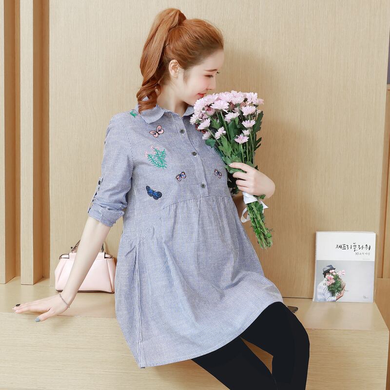 【新作】【送料無料】 2862＃秋の刺繡ストライプマタニティブラウス長袖ルーズシャツ服妊婦春妊娠トップス ロング 刺繍 スプリング 春物 オータム 秋物 AL expec448380894378