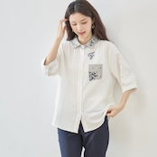 TRUBE ポイント刺繍襟ポケット配色デザインシャツ 【M~L】ホワイト