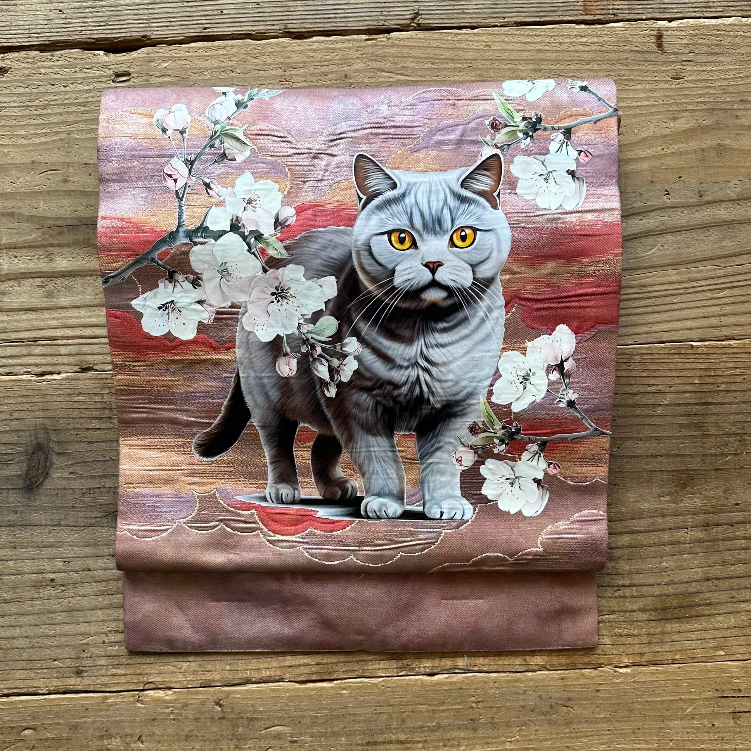 お花見猫ちゃん名古屋帯(グレー猫