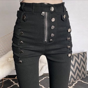 【送料無料】 スキニーパンツ  きれいめ  エレガント系  ハイウェスト  装飾  こなれ感  大人可愛い  レディースファッション・可愛い  20代・30代  無地  韓国  お出かけ・女子会・デイリーユース・お茶会  ブラック