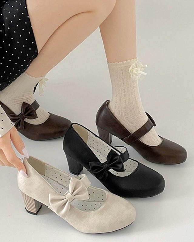 リボンモチーフ チャンキーヒールパンプス（ 3 colors） 2608980