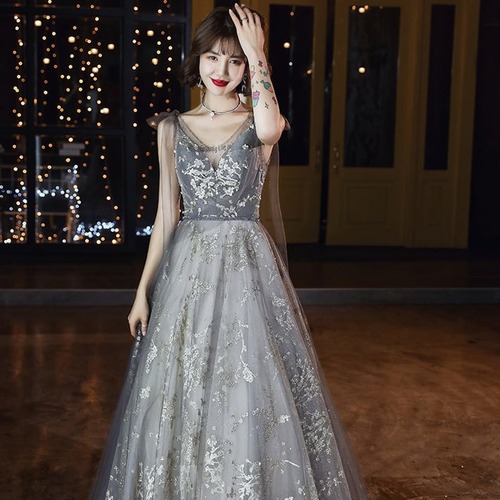 パーティードレス ドレス ロング丈 Vネック ノースリーブレディース 刺繍 大人可愛い フォーマル きれいめ 結婚式 二次会 お呼ばれ 謝恩会 hin-1014