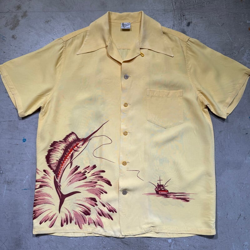 40's Catalina カタリナ レーヨンハワイアンシャツ バックパネル セイルフィッシュ カジキ フィッシング イエロー ハンドペイント シャークスキン Mサイズ ゆったりめ 名作 アロハシャツ 希少 ヴィンテージ BA-2498 RM2917H