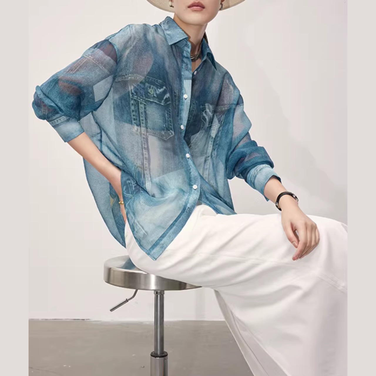 長袖デニムプリント シアーブラウス 00120・画像6